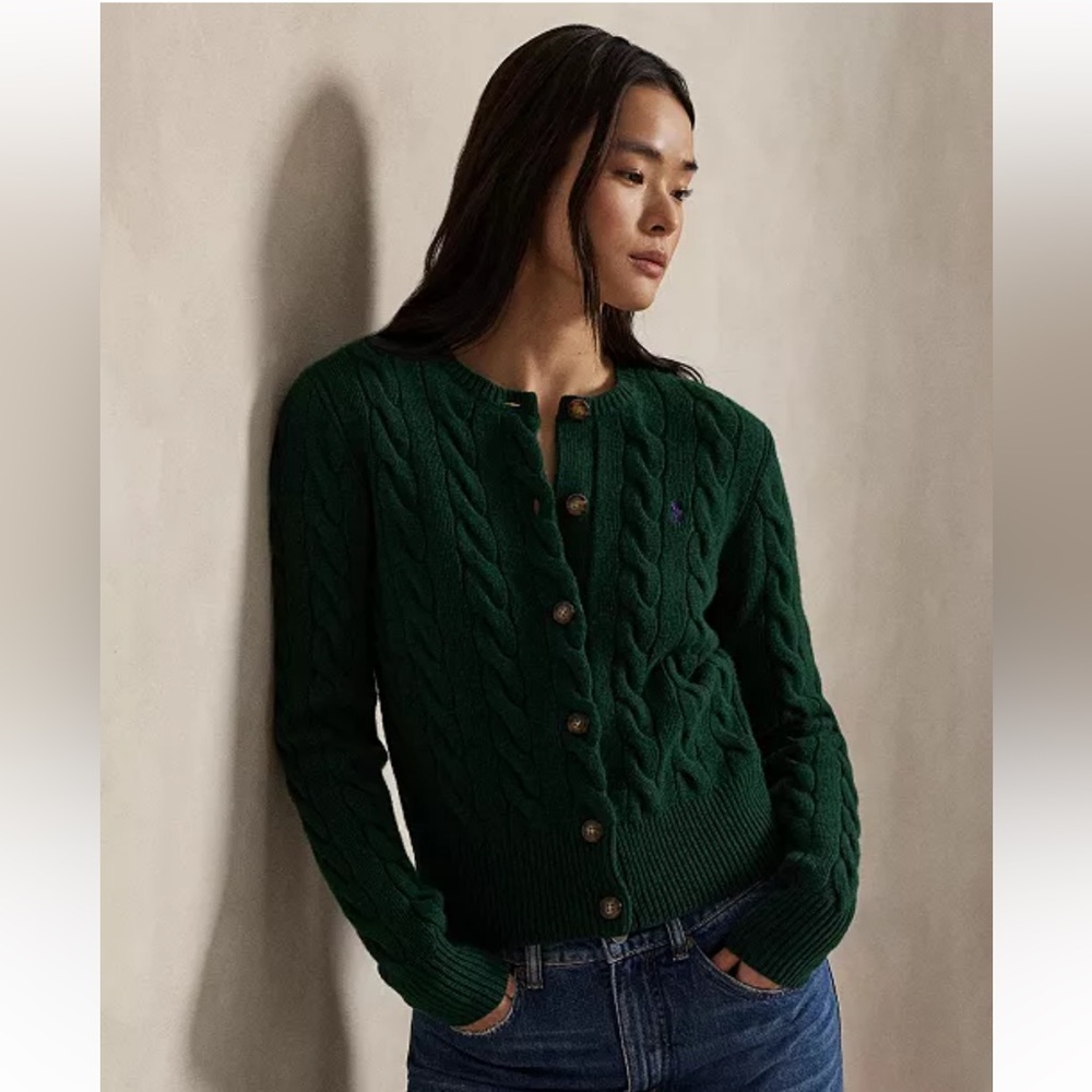 Polo Ralph Lauren Cable-Knit Wool-Cashmere Cardigan Sweater in Castleton Green - Picture 2 of 7